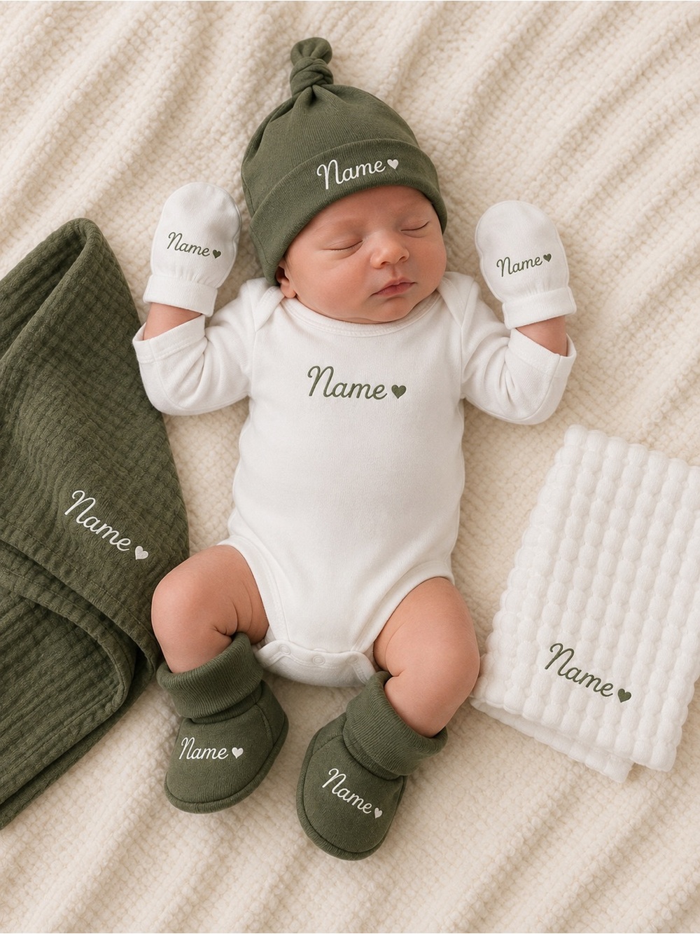 Personalized Olive Green Baby Hat & Mittens Set - Custom Name